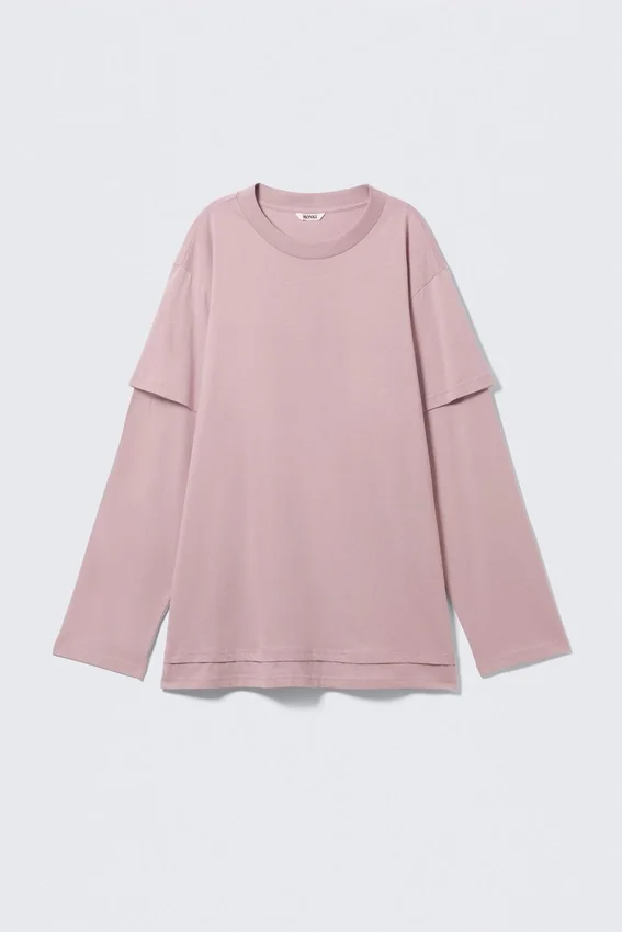 Camiseta de algodón de manga larga con efecto superpuesto – Rosa empolvado claro Camiseta de algodón de manga larga con efecto superpuesto – Rosa empolvado claro