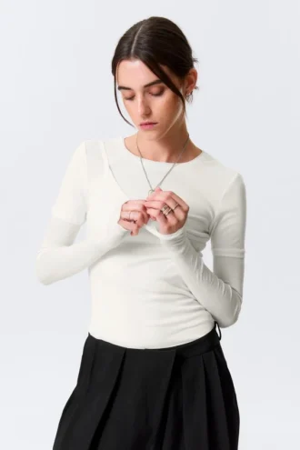Camiseta de algodón de manga larga con triple capa – Blanca