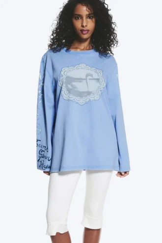 Camiseta de algodón de manga larga estampada – Azul medio – Swan