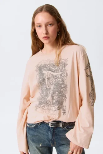 Camiseta de algodón de manga larga estampada – Estampada en rosa claro