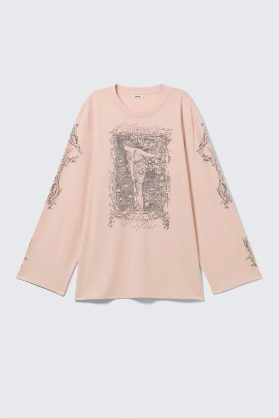 Camiseta de algodón de manga larga estampada – Estampada en rosa claro Camiseta de algodón de manga larga estampada – Estampada en rosa claro