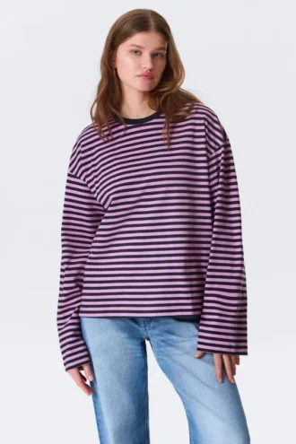 Camiseta de algodón de manga larga – Rayas azul marino/rosa