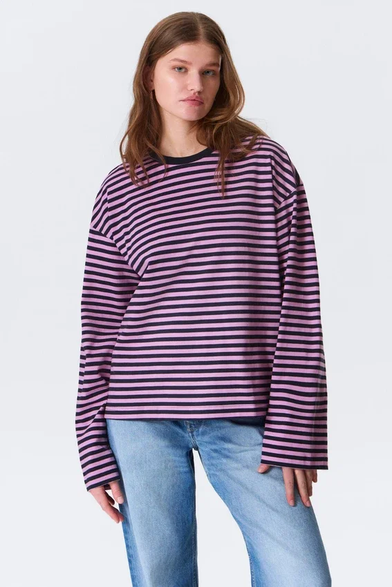 Camiseta de algodón de manga larga – Rayas azul marino/rosa Camiseta de algodón de manga larga – Rayas azul marino/rosa