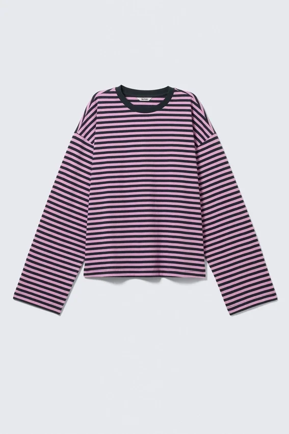 Camiseta de algodón de manga larga – Rayas azul marino/rosa Camiseta de algodón de manga larga – Rayas azul marino/rosa