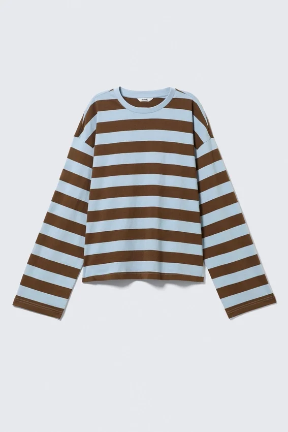 Camiseta de algodón de manga larga – Rayas azules/marrones Camiseta de algodón de manga larga – Rayas azules/marrones