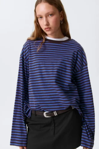 Camiseta de algodón de manga larga – Rayas azules y burdeos