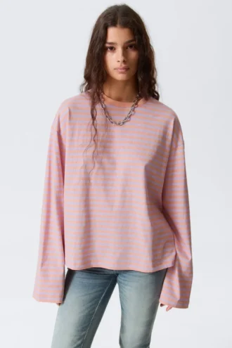 Camiseta de algodón de manga larga – Rayas coral/lila