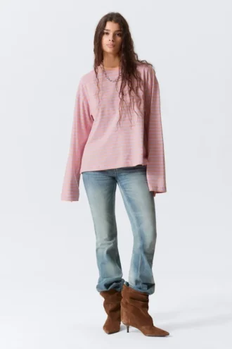 Camiseta de algodón de manga larga – Rayas coral/lila