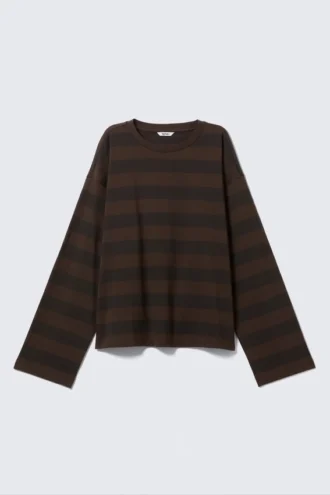 Camiseta de algodón de manga larga – Rayas marrón oscuro