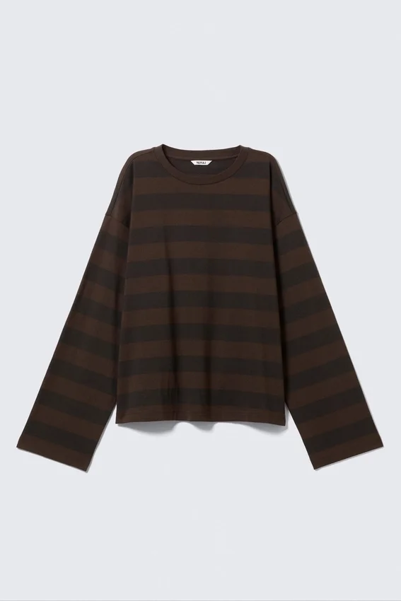 Camiseta de algodón de manga larga – Rayas marrón oscuro Camiseta de algodón de manga larga – Rayas marrón oscuro