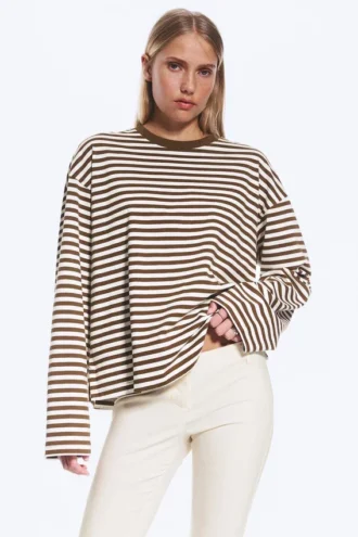 Camiseta de algodón de manga larga – Rayas marrones y blancas