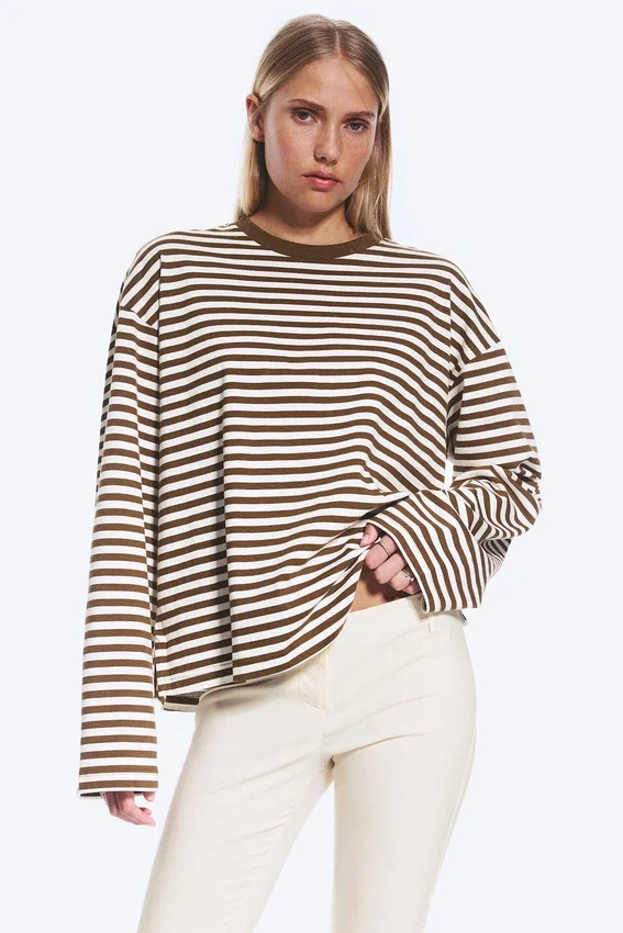 Camiseta de algodón de manga larga – Rayas marrones y blancas Camiseta de algodón de manga larga – Rayas marrones y blancas