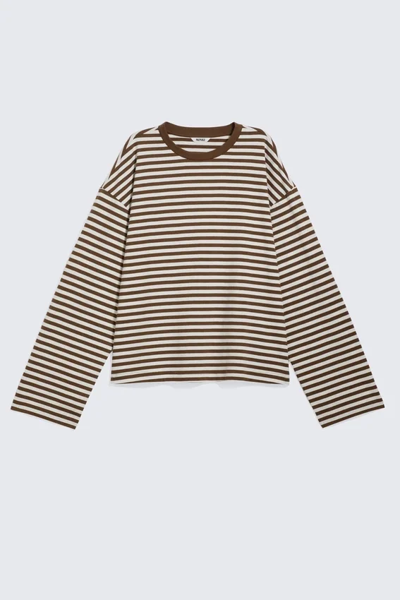 Camiseta de algodón de manga larga – Rayas marrones y blancas Camiseta de algodón de manga larga – Rayas marrones y blancas