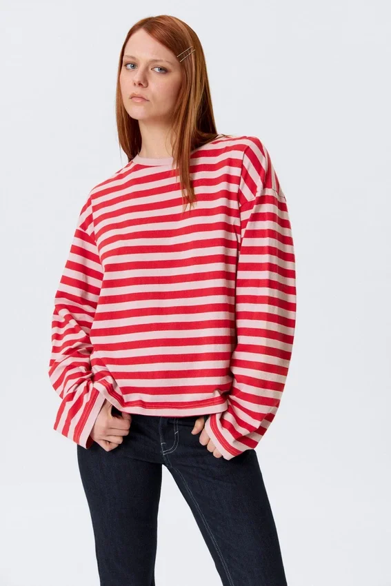 Camiseta de algodón de manga larga – Rayas rojas y rosas Camiseta de algodón de manga larga – Rayas rojas y rosas
