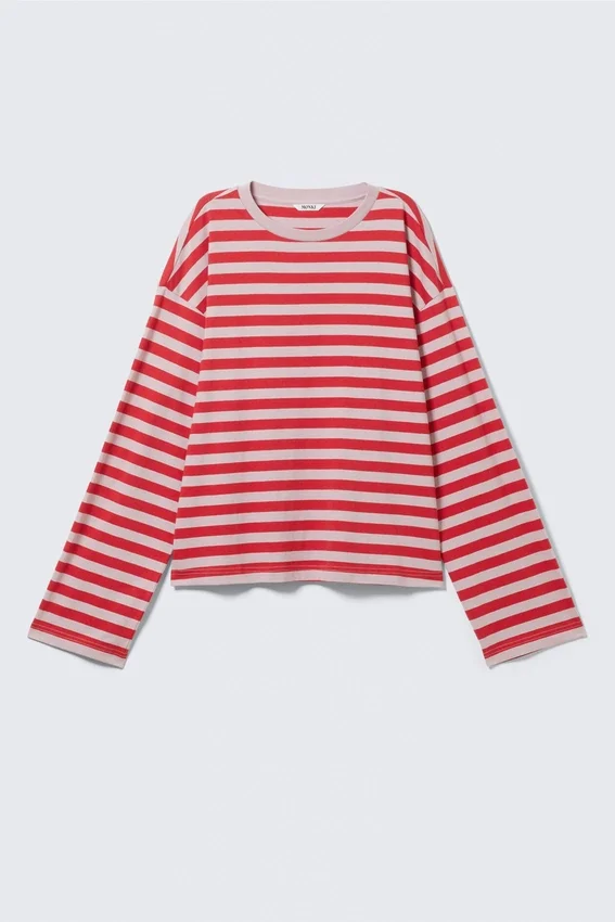 Camiseta de algodón de manga larga – Rayas rojas y rosas Camiseta de algodón de manga larga – Rayas rojas y rosas