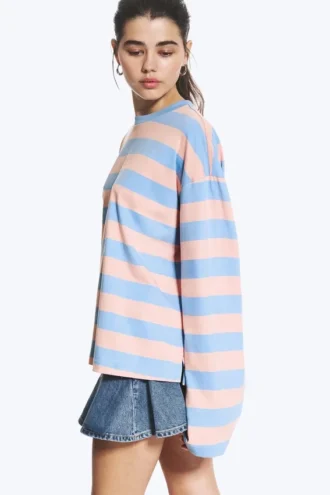 Camiseta de algodón de manga larga – Rayas rosa/azul