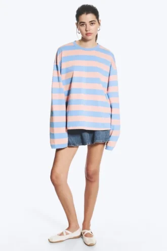 Camiseta de algodón de manga larga – Rayas rosa/azul