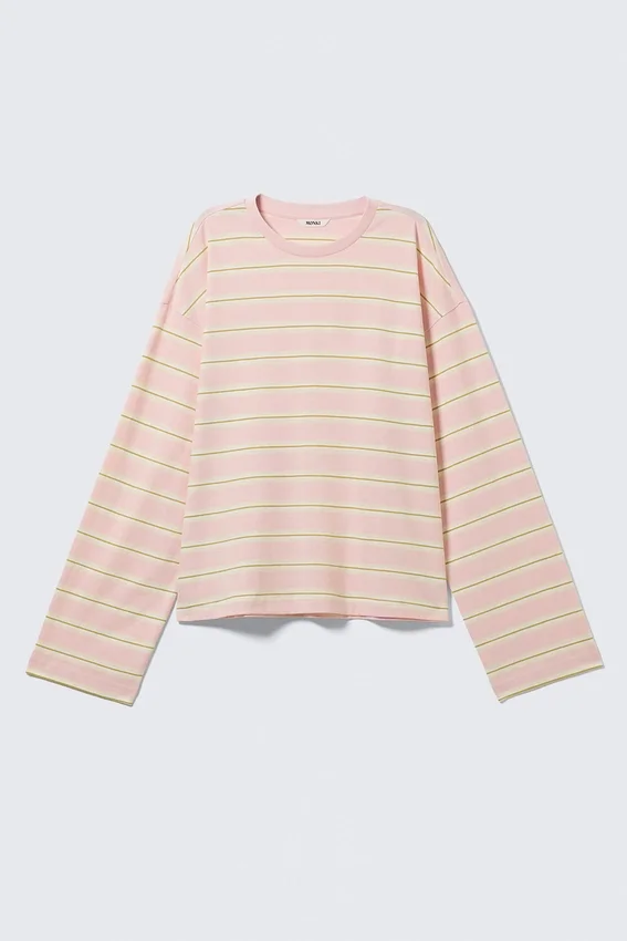 Camiseta de algodón de manga larga – Rayas rosa y amarillas Camiseta de algodón de manga larga – Rayas rosa y amarillas