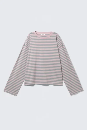 Camiseta de algodón de manga larga – Rayas rosas
