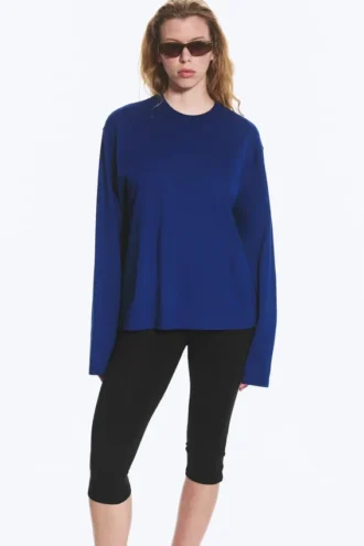 Camiseta de algodón de manga larga y corte recto – Azul brillante