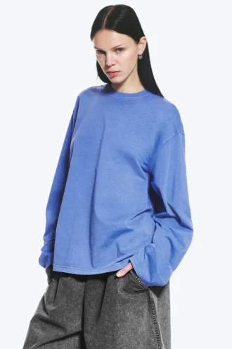 Camiseta de algodón de manga larga y corte recto – Azul lavado