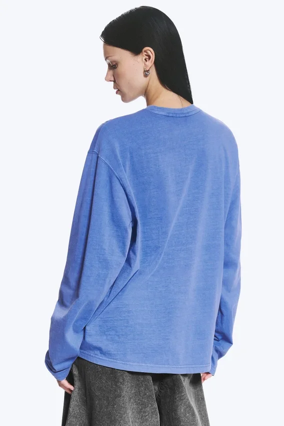 Camiseta de algodón de manga larga y corte recto – Azul lavado Camiseta de algodón de manga larga y corte recto – Azul lavado