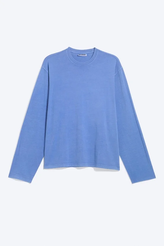 Camiseta de algodón de manga larga y corte recto – Azul lavado Camiseta de algodón de manga larga y corte recto – Azul lavado
