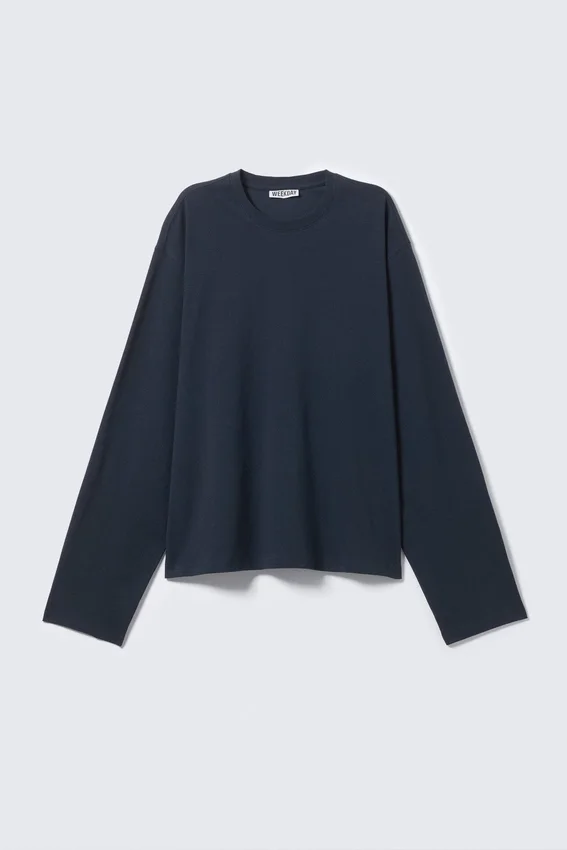 Camiseta de algodón de manga larga y corte recto – Azul marino Camiseta de algodón de manga larga y corte recto – Azul marino