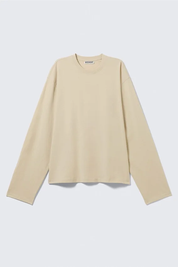 Camiseta de algodón de manga larga y corte recto – Beige claro Camiseta de algodón de manga larga y corte recto – Beige claro