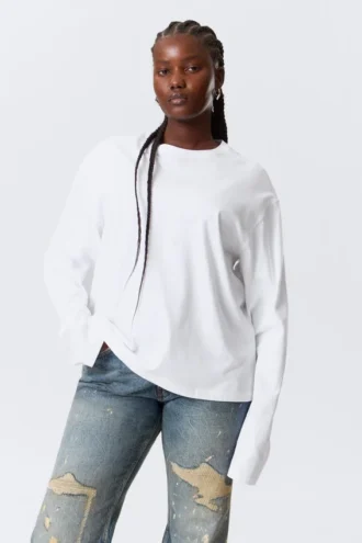 Camiseta de algodón de manga larga y corte recto – Blanca