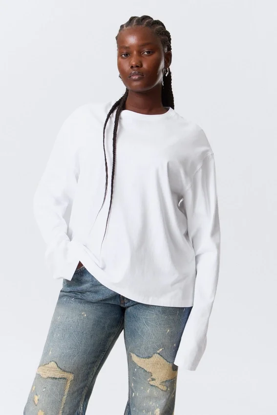 Camiseta de algodón de manga larga y corte recto – Blanca Camiseta de algodón de manga larga y corte recto – Blanca