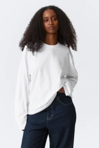 Camiseta de algodón de manga larga y corte recto – Blanca