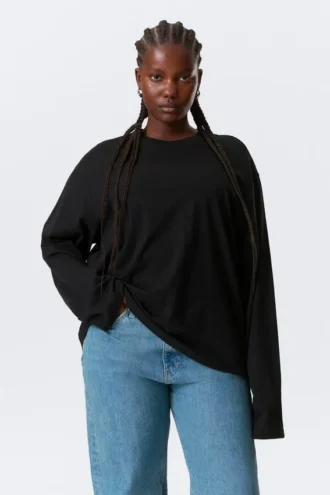 Camiseta de algodón de manga larga y corte recto – Negro