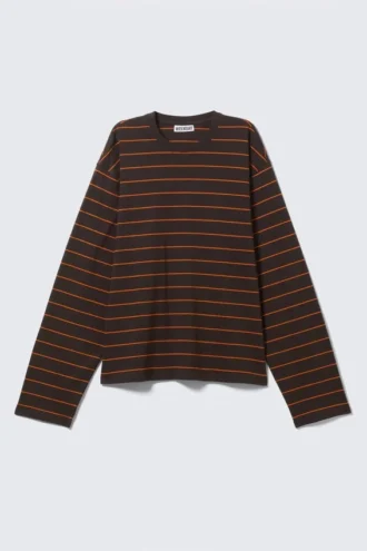 Camiseta de algodón de manga larga y corte recto – Rayas marrón oscuro