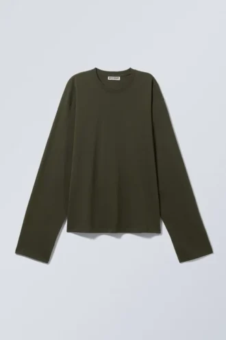 Camiseta de algodón de manga larga y corte recto – Verde caqui oscuro