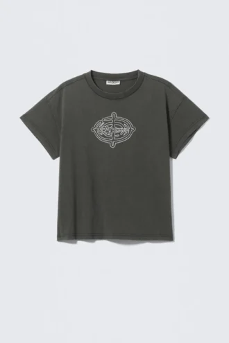 Camiseta de algodón holgada con estampados y mangas casquillo – Gris oscuro – Spacenet