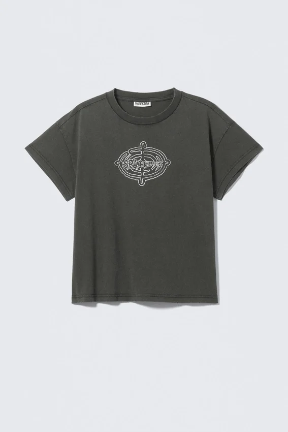 Camiseta de algodón holgada con estampados y mangas casquillo – Gris oscuro – Spacenet Camiseta de algodón holgada con estampados y mangas casquillo – Gris oscuro – Spacenet