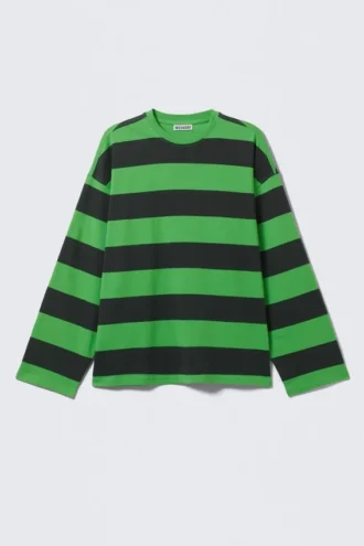 Camiseta de algodón oversize de manga larga – Rayas negras y verdes