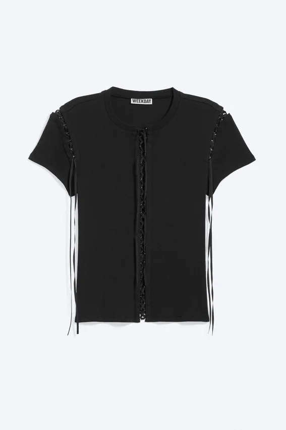 Camiseta de canalé con lazo cruzado – Negro Camiseta de canalé con lazo cruzado – Negro