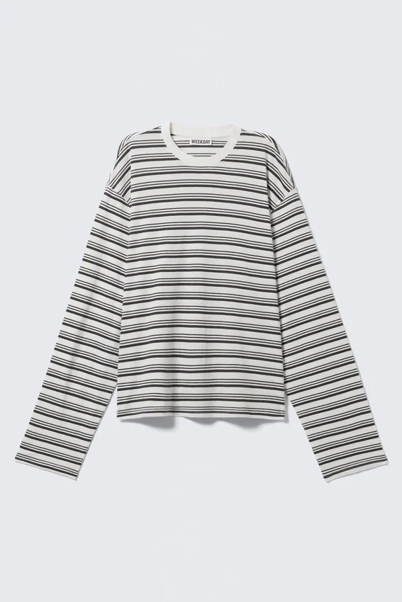 Camiseta de manga larga a rayas de corte holgado – Rayas blancas y negras Camiseta de manga larga a rayas de corte holgado – Rayas blancas y negras