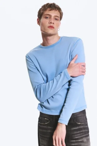 Camiseta de manga larga acanalada – Azul lavado