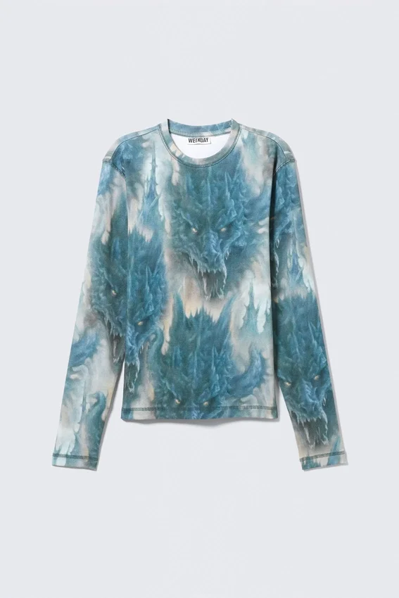 Camiseta de manga larga acanalada – Estampado de dragón en gris y azul Camiseta de manga larga acanalada – Estampado de dragón en gris y azul