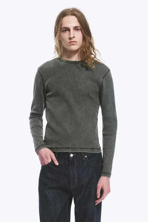 Camiseta de manga larga acanalada – Verde oscuro Camiseta de manga larga acanalada – Verde oscuro