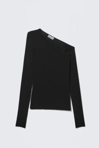 Camiseta de manga larga asimétrica con cuello acanalado – Negro