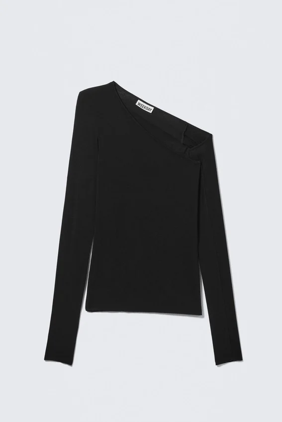 Camiseta de manga larga asimétrica con cuello acanalado – Negro Camiseta de manga larga asimétrica con cuello acanalado – Negro