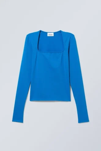Camiseta de manga larga con cuello cuadrado – Azul brillante