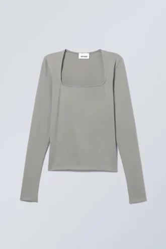 Camiseta de manga larga con cuello cuadrado – Gris empolvado
