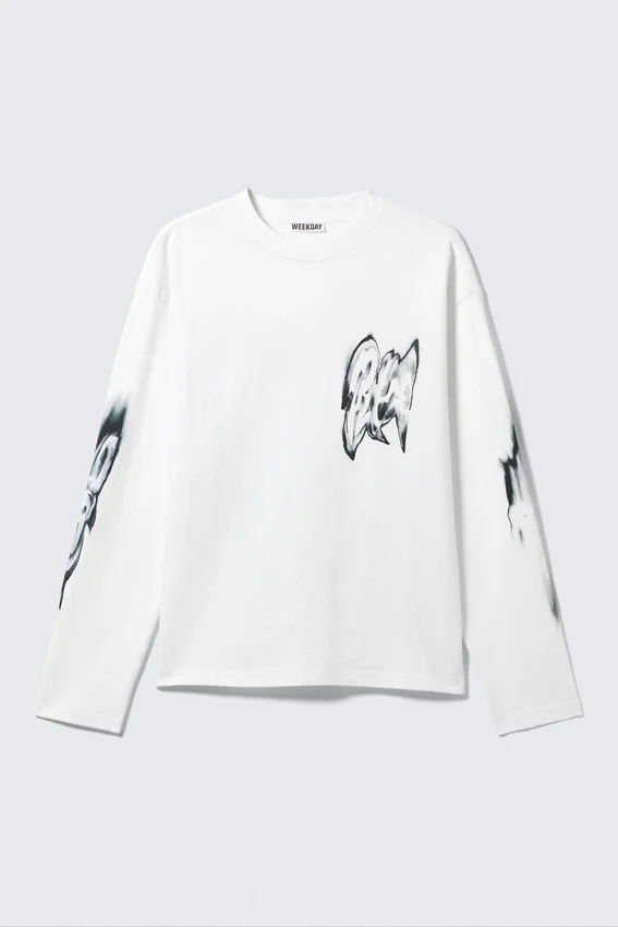 Camiseta de manga larga con estampados gráficos y corte recto – Blanca – Estampado abstracto Camiseta de manga larga con estampados gráficos y corte recto – Blanca – Estampado abstracto