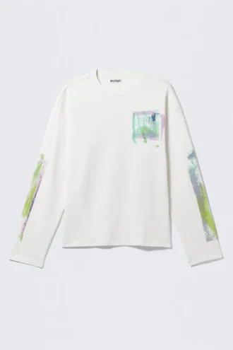 Camiseta de manga larga con estampados gráficos y corte recto – Blanca – Surf Paint Camiseta de manga larga con estampados gráficos y corte recto – Blanca – Surf Paint