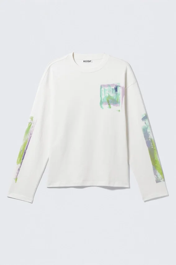 Camiseta de manga larga con estampados gráficos y corte recto – Blanca – Surf Paint Camiseta de manga larga con estampados gráficos y corte recto – Blanca – Surf Paint